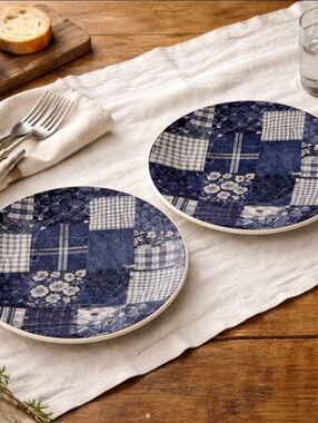 Replacement Plates American Living Patchwork Denim Set of 2 NWT Ironstone
